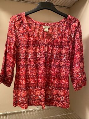 Lucky Brand 3/4 Sleeve V-Neck Pink Red Floral Peasant Top 100% Cotton Size S